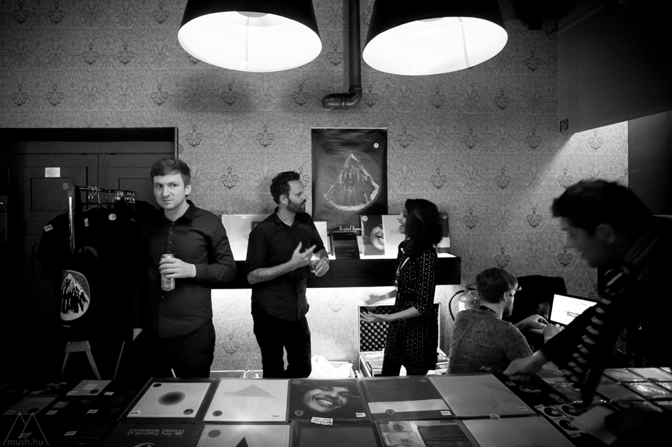 Erased Tapes Tour 2012 - Ólafur Arnalds - Dustin O'Halloran - Sofia Ilyas - Robert Raths at merch table in Budapest (left to right)_photo by Alexander Schneider